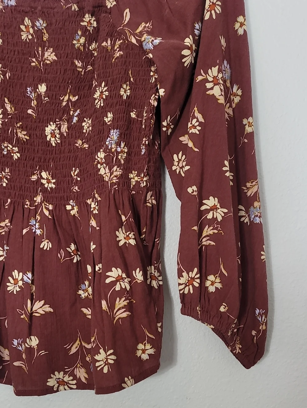Madewell Square Neck Smocked Puff Sleeve Top Size 0 Brown Floral Cottagecore